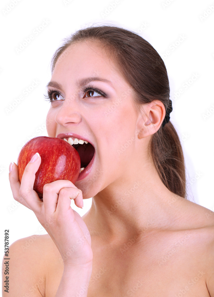 Smiling woman with apple isolated on white Smiling woman with apple isolated on white