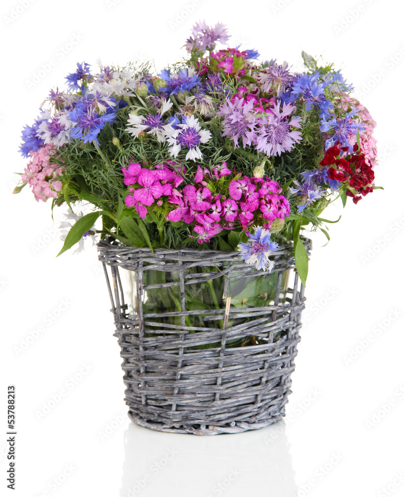 Beautiful bouquet in basket isolated on white Beautiful bouquet in basket isolated on white