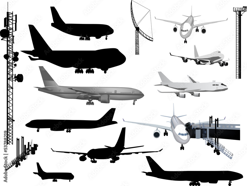 grey and black airplanes collection isolated on white
