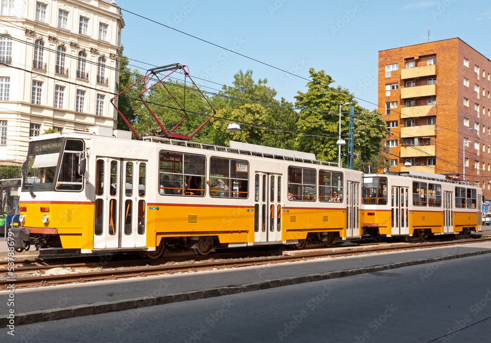 Yellow tram in Budapest, Hungary