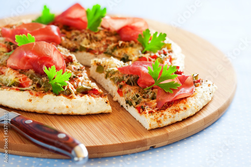 Minced chicken and vegetables pizza, selective focus