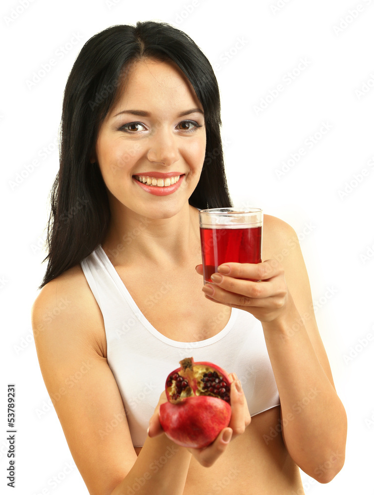 Girl with fresh pomegranate and juice isolated on white Girl with fresh pomegranate and juice isolated on white