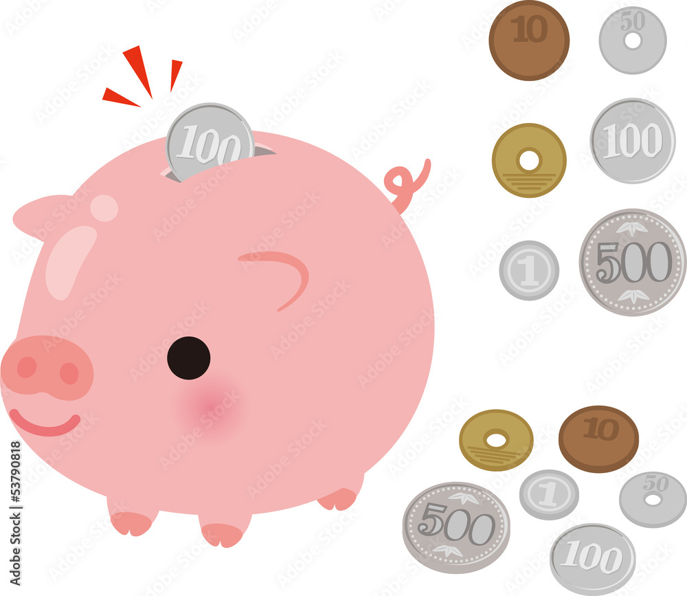 Fototapeta premium ブタさん型の貯金箱と小銭