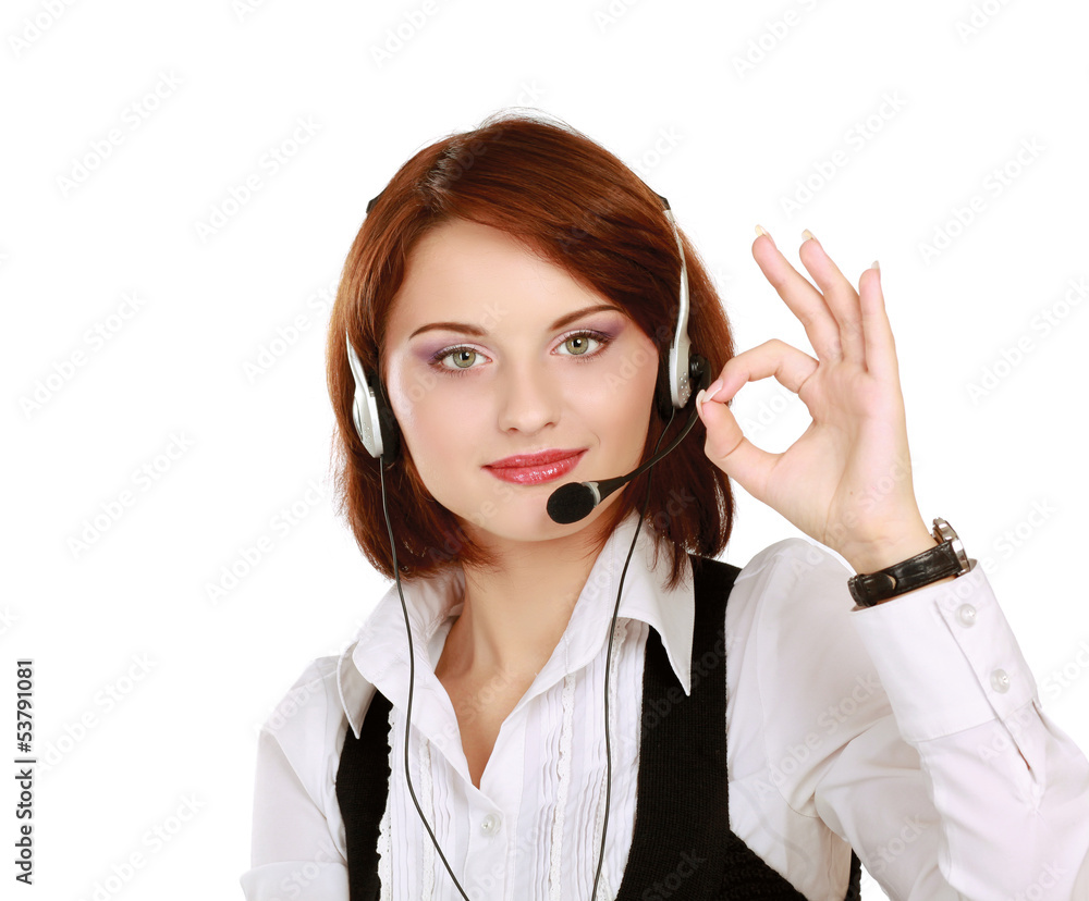 Woman with headset showing OK , isolated on white background Woman with headset showing OK , isolated on white background