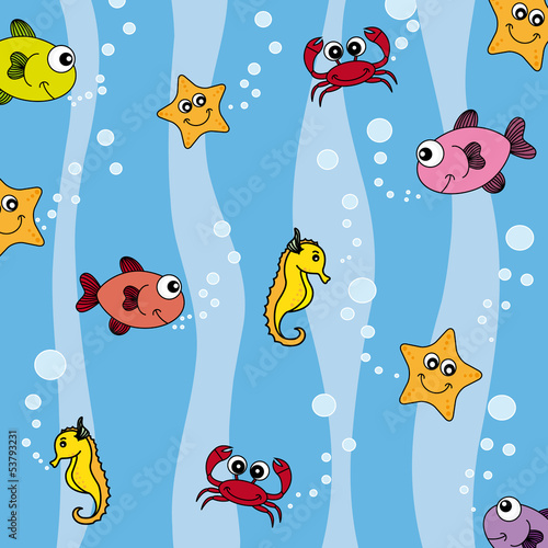 Seabed. Fish, starfish, crabs and seahorses