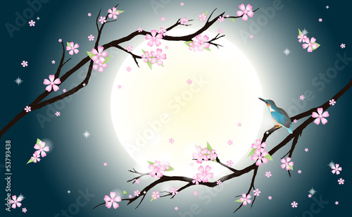 Background with stylized cherry blossom and bird.