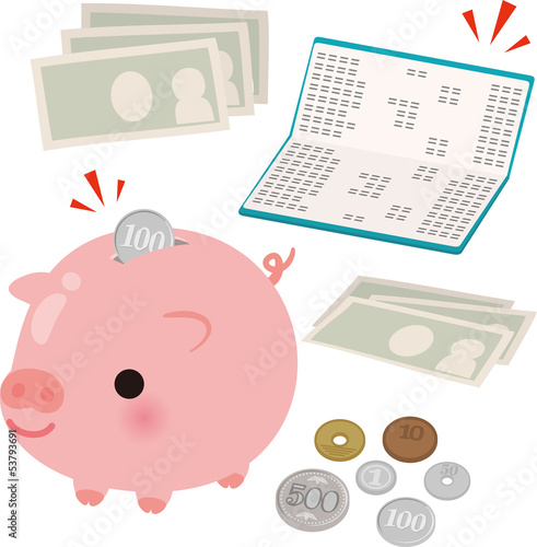 通帳と貯金箱とお金