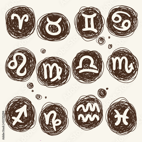 zodiac icon set on a round texture - scribble
