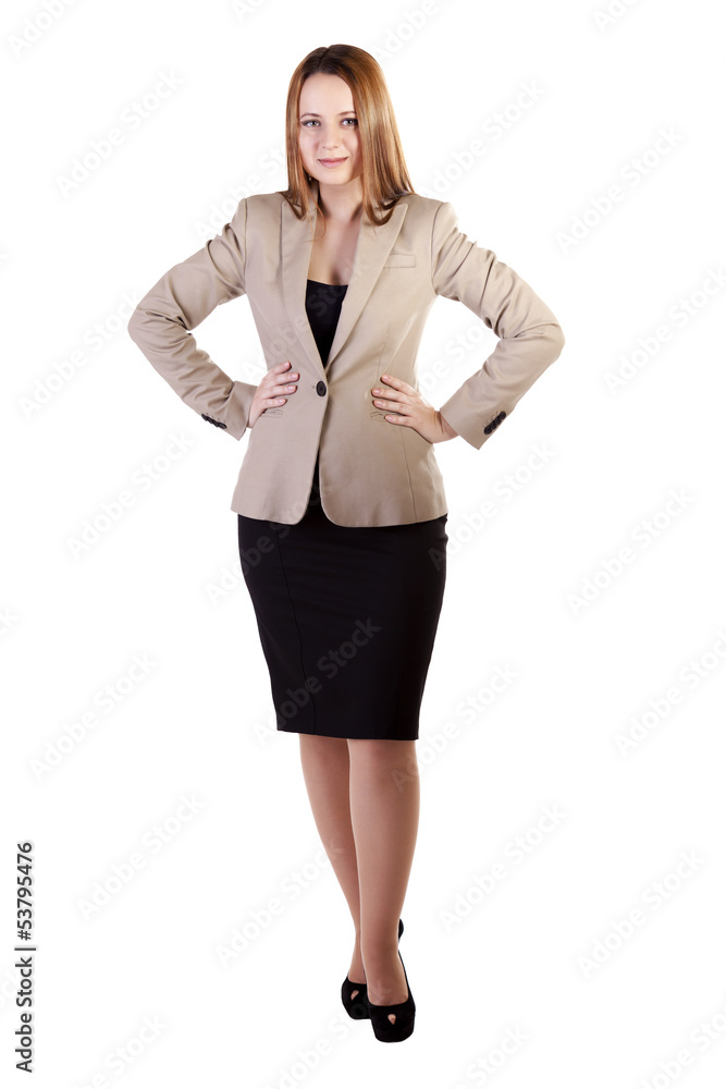 Businesswoman with hands on her hips isolated on white Businesswoman with hands on her hips isolated on white