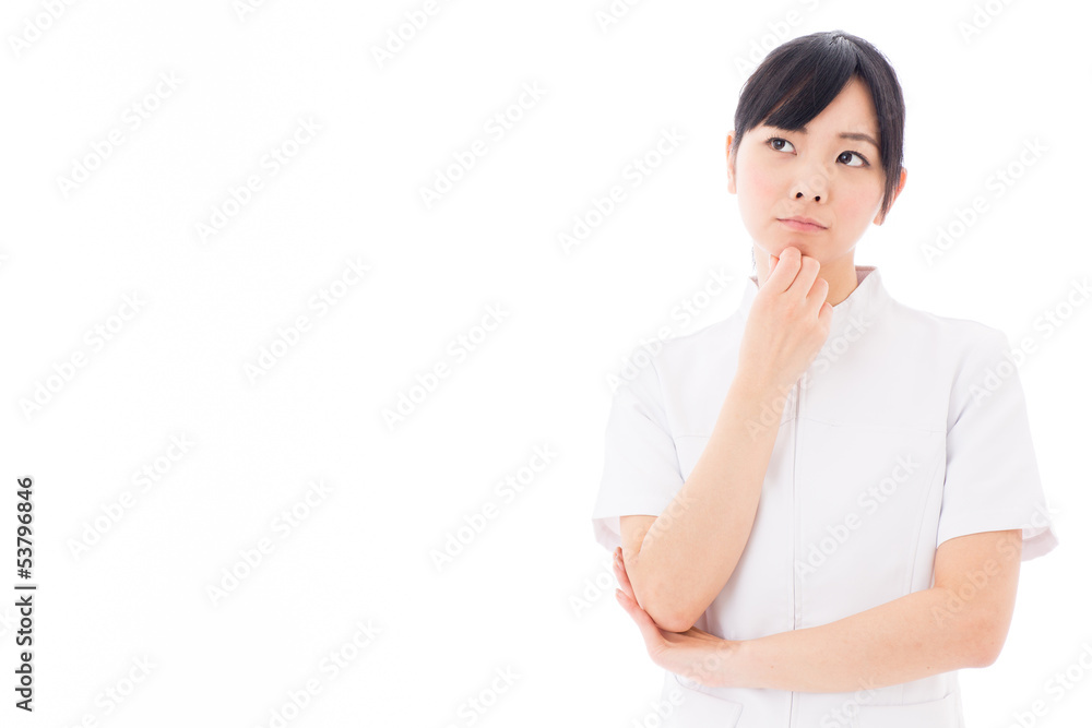 attractive asian nurse thinking on white background attractive asian nurse thinking on white background