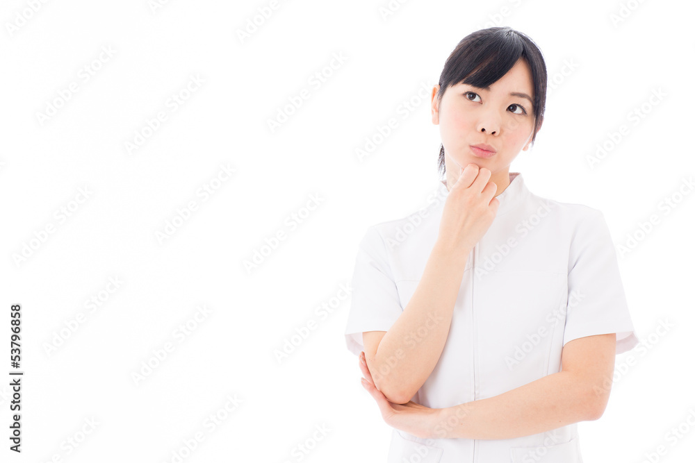 attractive asian nurse thinking on white background attractive asian nurse thinking on white background