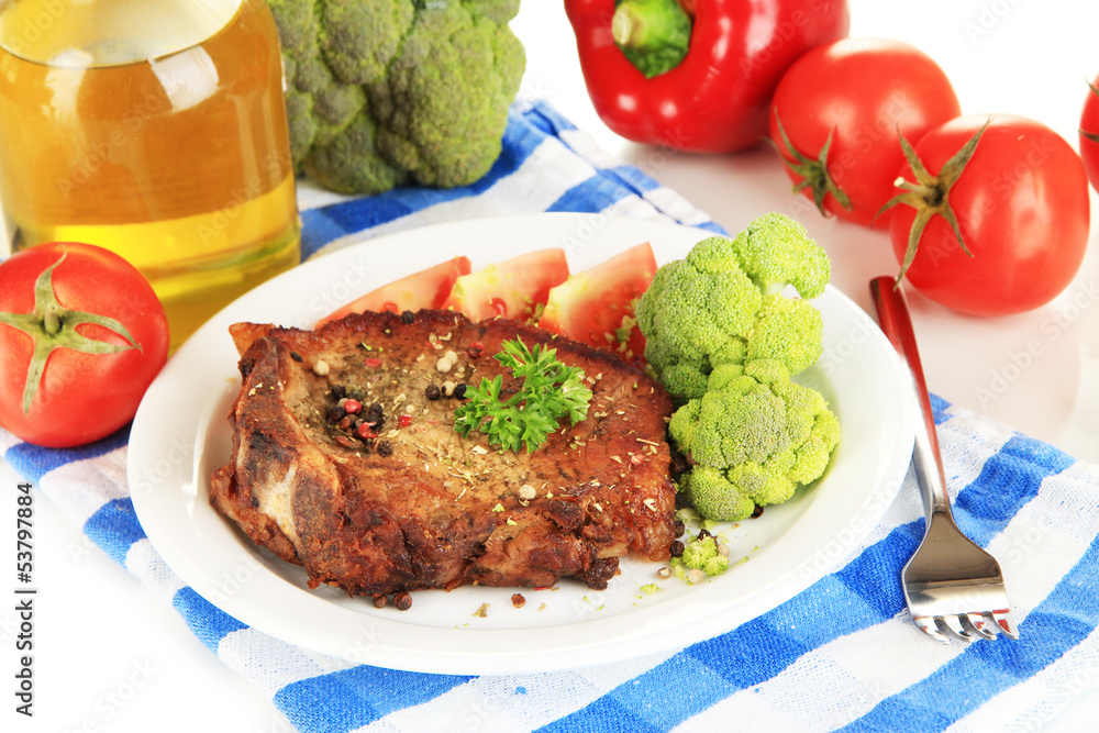 Piece of fried meat on plate isolated on white Piece of fried meat on plate isolated on white
