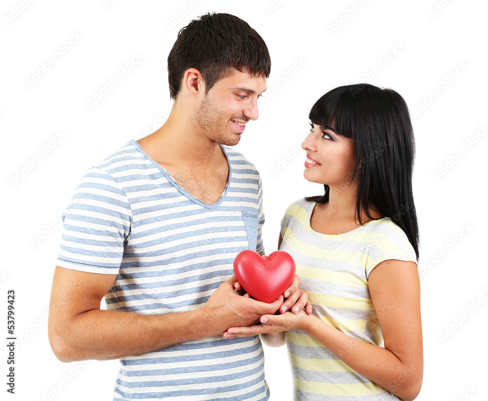 Beautiful loving couple with heart isolated on white