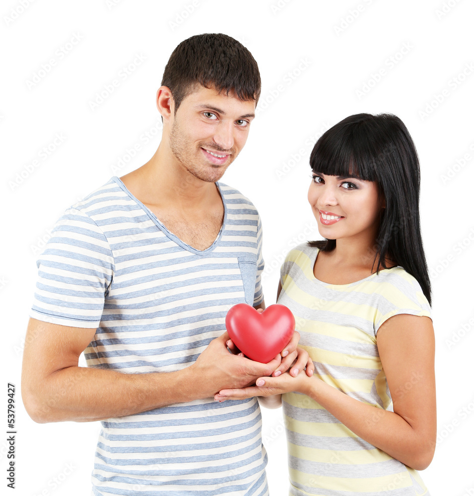 Beautiful loving couple with heart isolated on white Beautiful loving couple with heart isolated on white