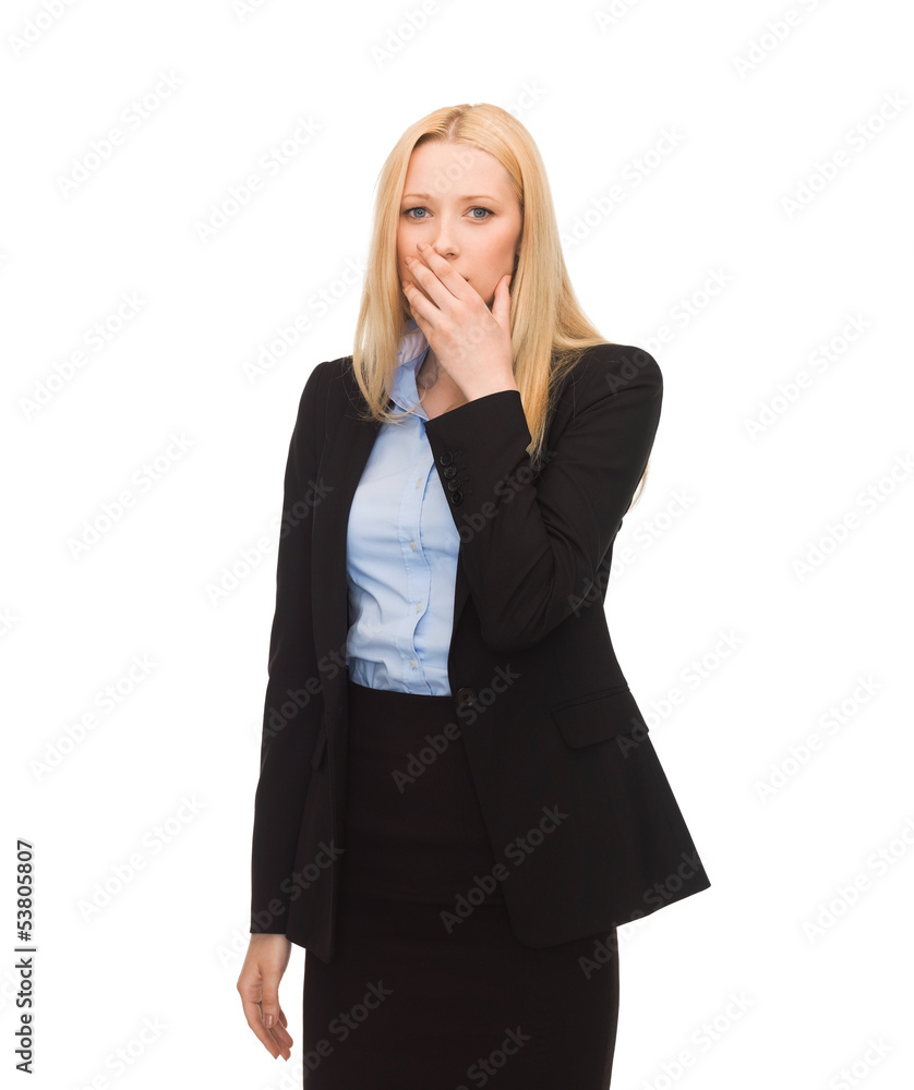 businesswoman closing her mouth with hand businesswoman closing her mouth with hand