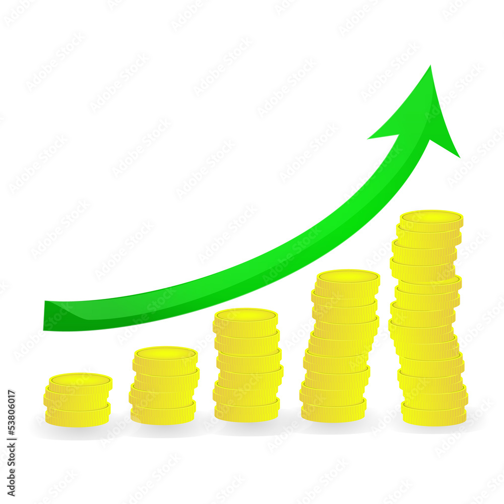 Financial diagram golden increase an green arrows on coins conce Financial diagram golden increase an green arrows on coins conce
