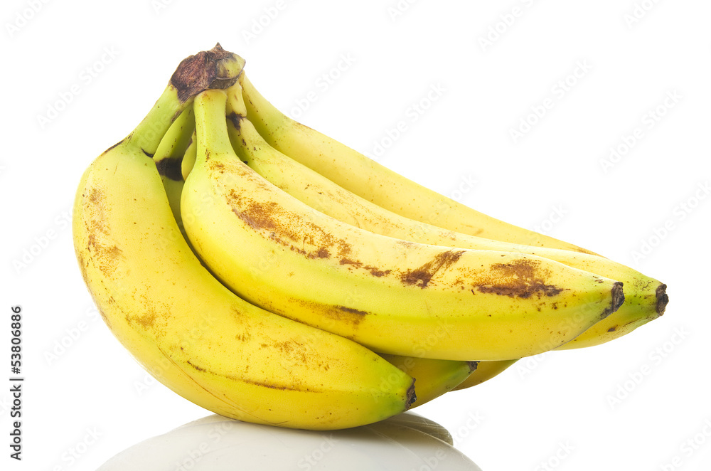 bunch of bananas and banana peeled on the white