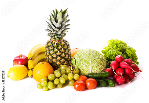 Fruits and vegetables on white