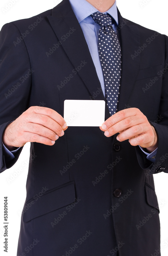 Business man showing blank card. Business man showing blank card.