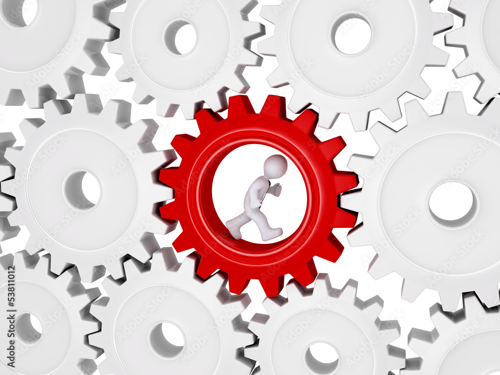 Worker running inside of one cogwheel out of many Worker running inside of one cogwheel out of many