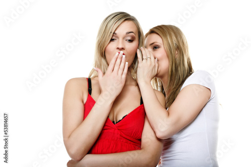 Gossiping friends, two women sharing a secret