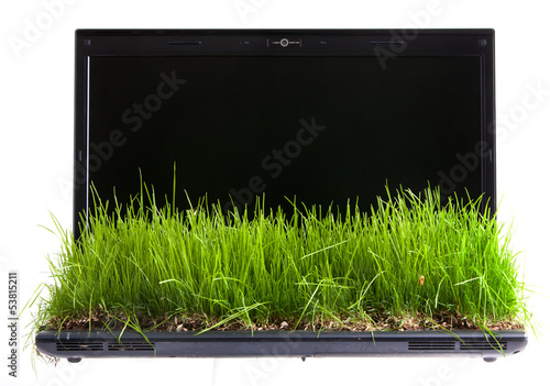 Laptop computer with  green grass growing on keyboard