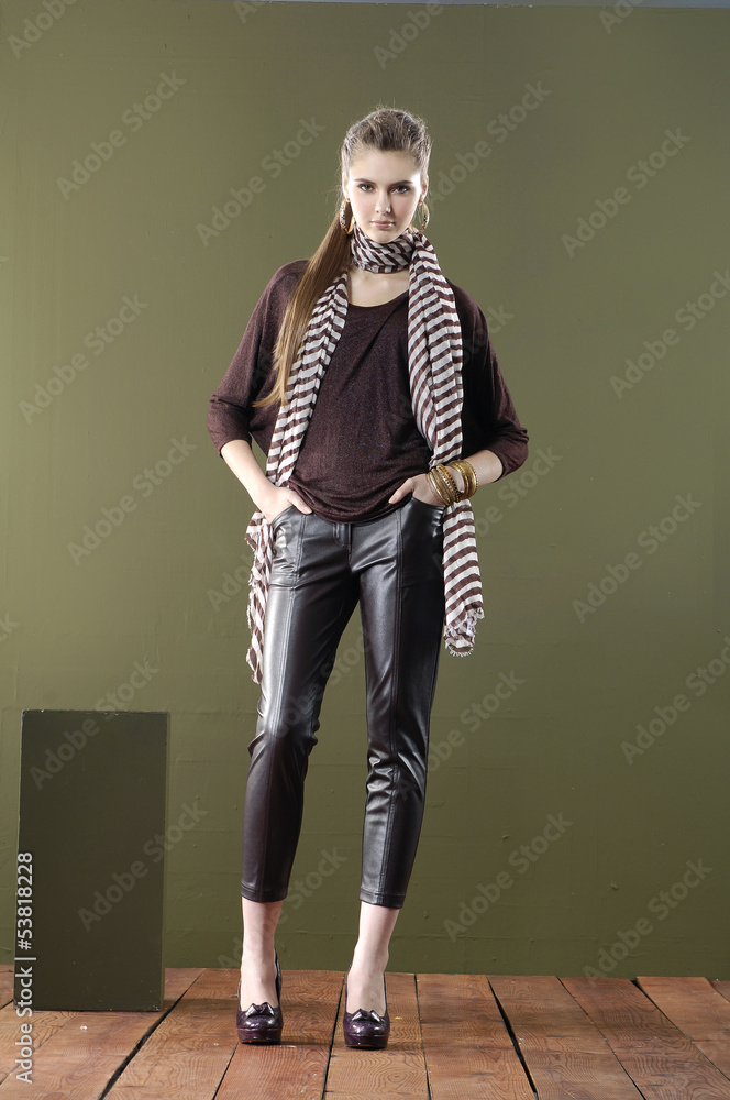 portrait of pretty young woman posing wooden floor portrait of pretty young woman posing wooden floor