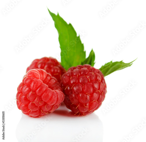 Ripe sweet raspberries isolated on white