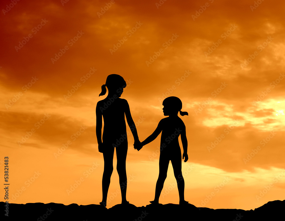 Silhouette Of Two Girls Holding Hands Against A Beautiful Sunset