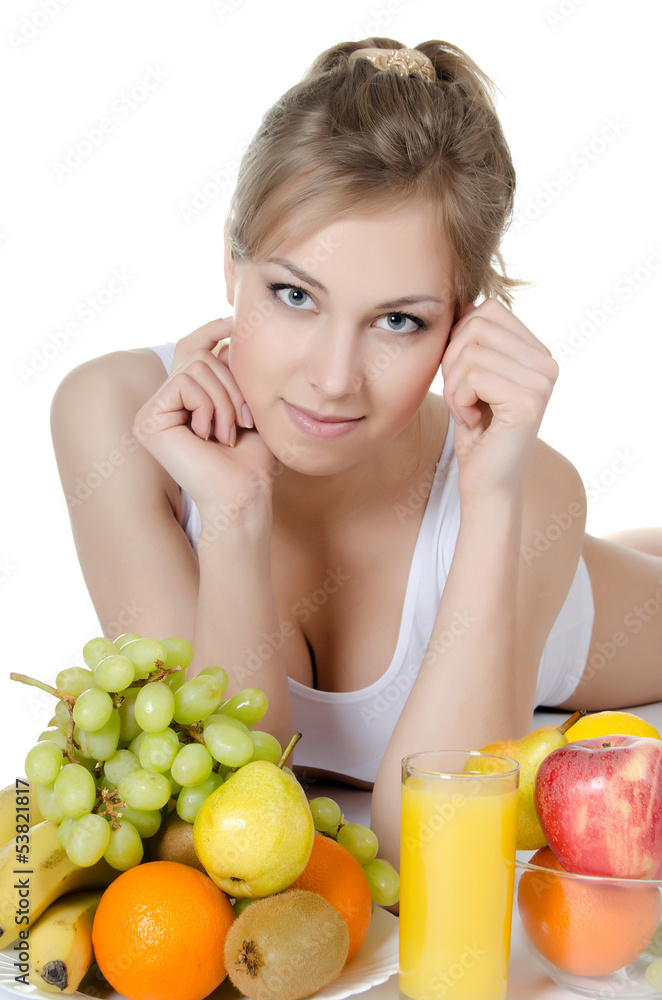 Beautiful girl with fruit and vegetables Beautiful girl with fruit and vegetables
