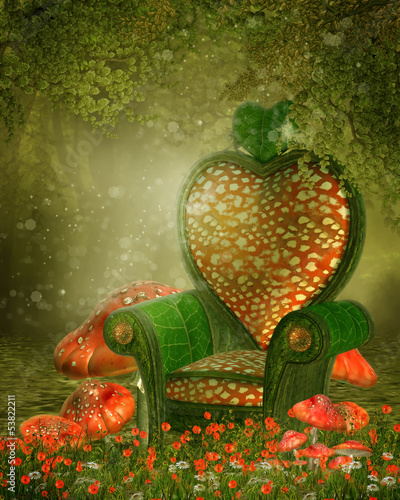 Fototapeta Baśniowy fotel wśród kwiatów i grzybów