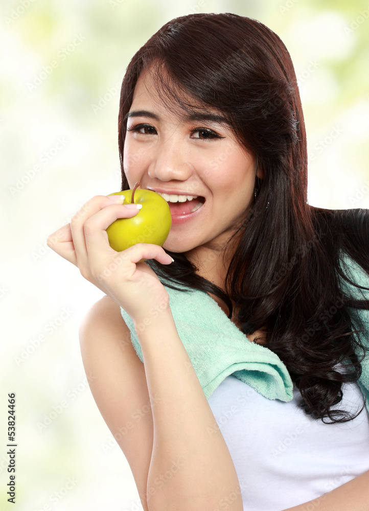 beauty fitness woman eating fresh green apple beauty fitness woman eating fresh green apple