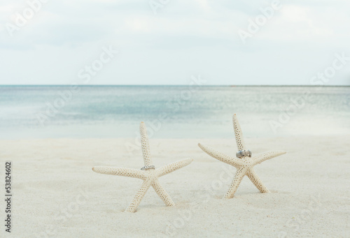 Wedding rings with starfish on a sandy beach.