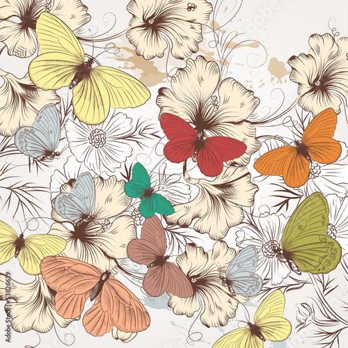 Cute fashion pattern with hand drawn butterflies and flowers
