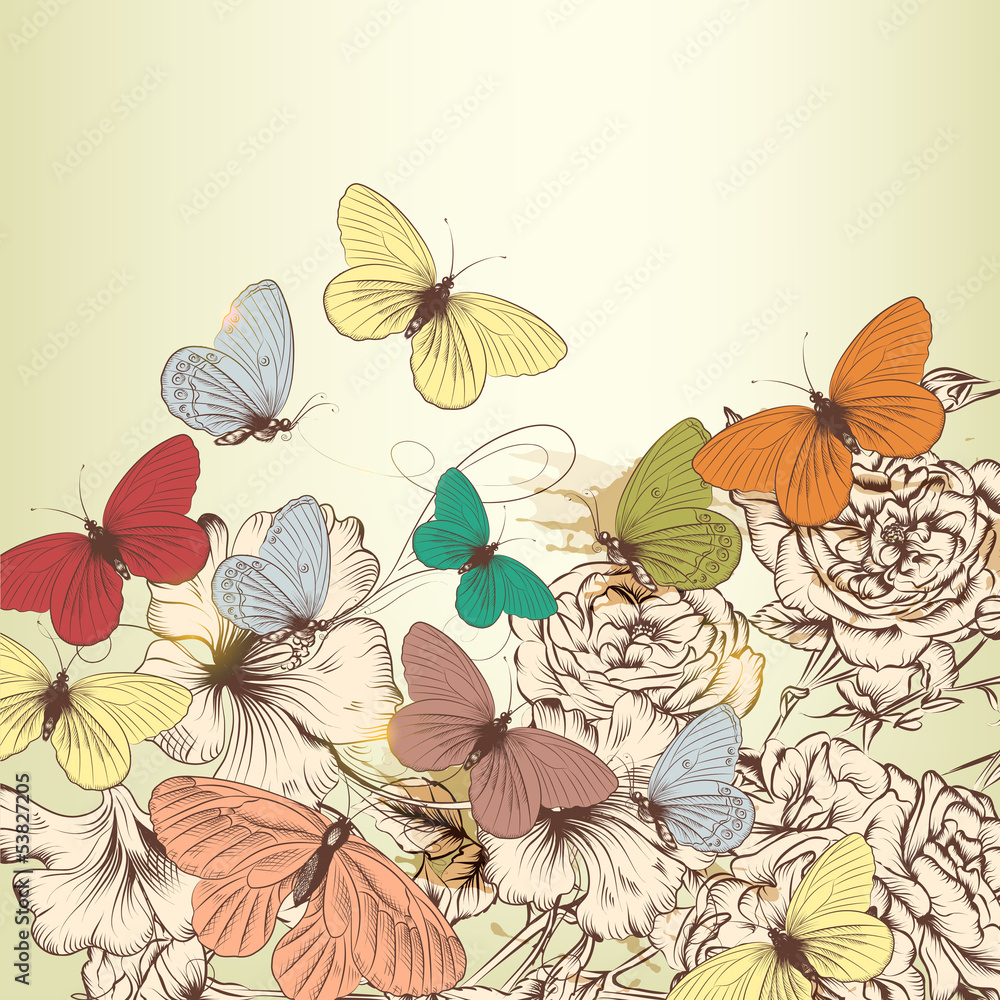 Vintage design with vector hand drawn flowers and butterflies