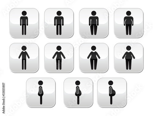 Man and women body type buttons - slim, fat, obese, thin