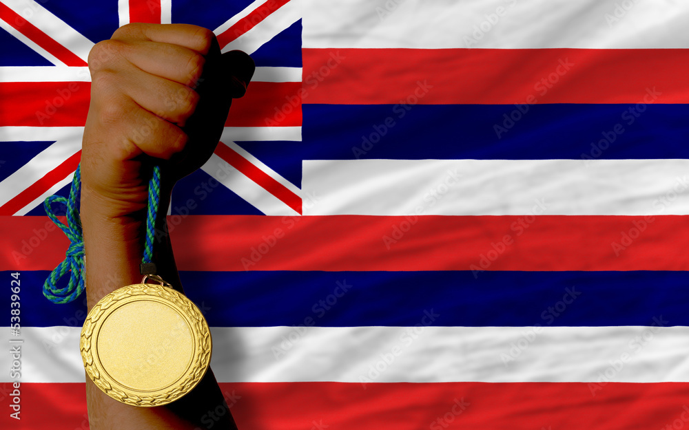 Gold medal for sport and  flag of american state of hawaii