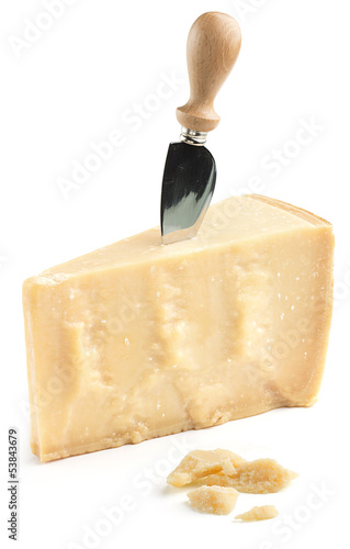 piece of parmesan cheese with knife