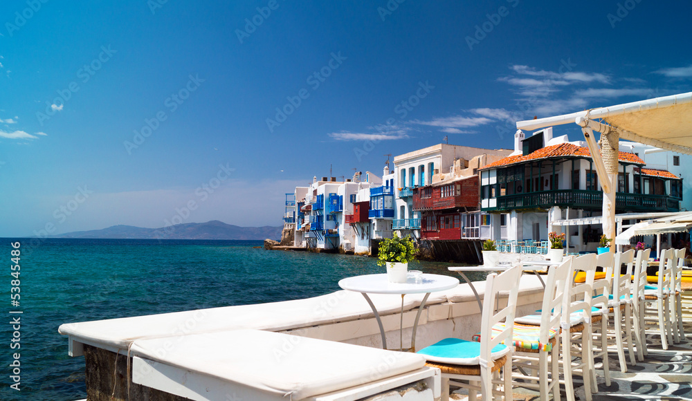 Panoramic view of little Venice on Mykonos Island, Greece