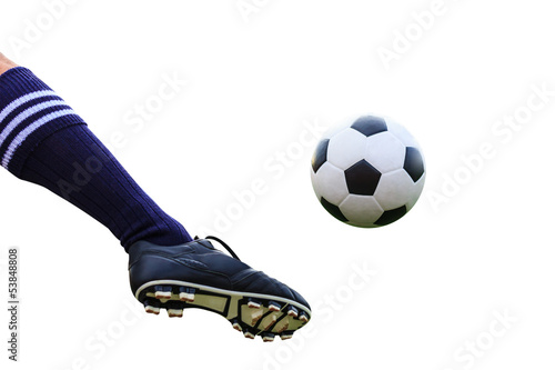 foot kicking soccer ball isolated with clipping path