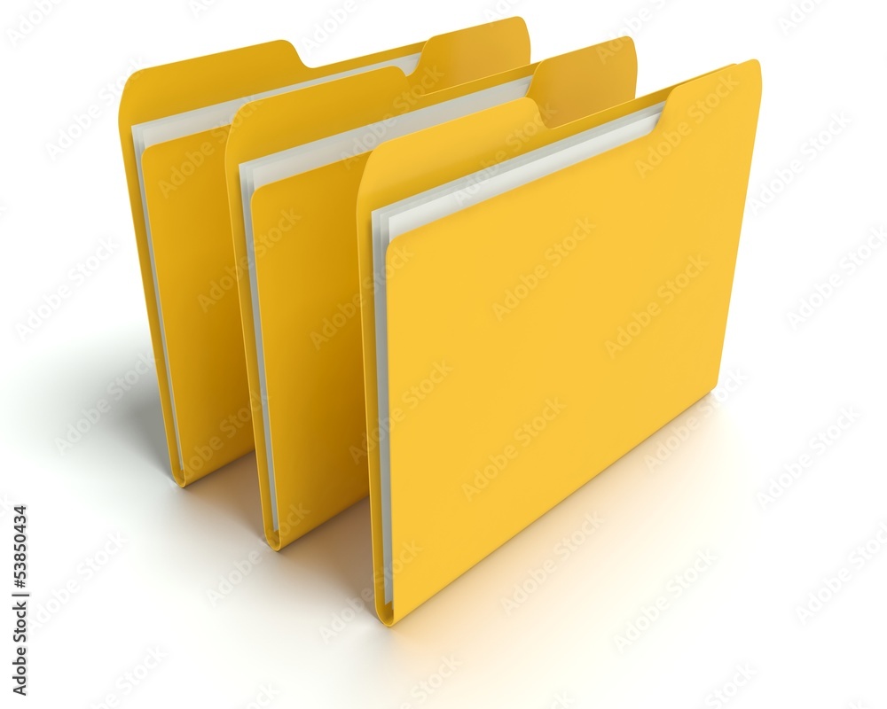 3D folder/file concept with white background and soft shadows.