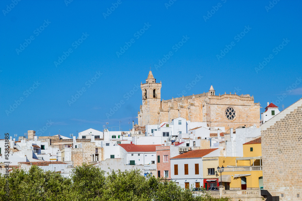 Cityscape of  Ciutadella old town with old cathedral domination