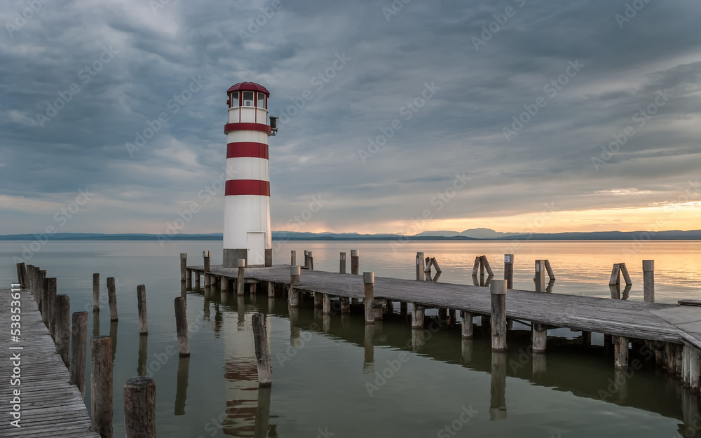 Lighthouse at Lake Neusiedl at sunset in Podersdorf, Austria