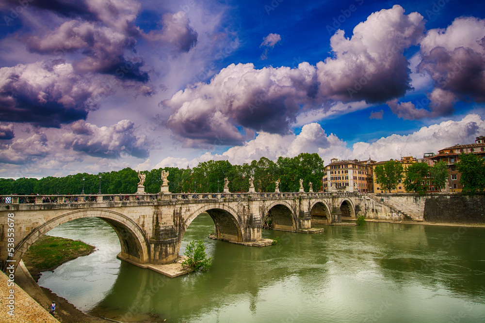 Rome, Italy. Beautiful view of Tiber river with famous Bridge