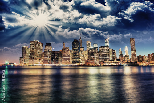 Spectacular sunset view of lower Manhattan skyline from Brooklyn