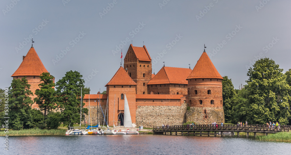 Trakai red brick castle and footbridge
