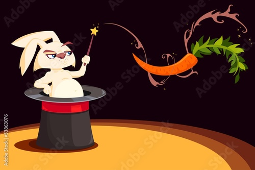 Bunny sitting in a hat holding magic wand performing a trick with a carrot. Illustration.