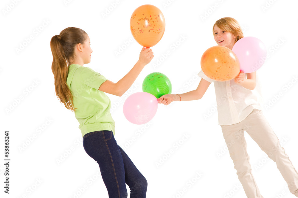 boy and girl playing with balloons isolated on white background