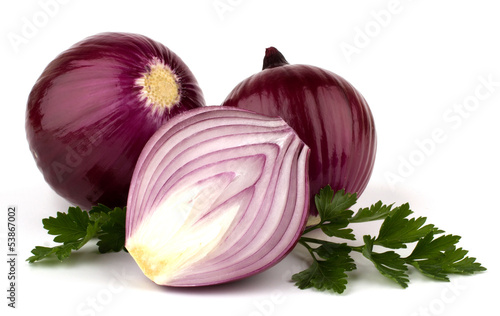 Red onion and fresh parsley isolated on white background.