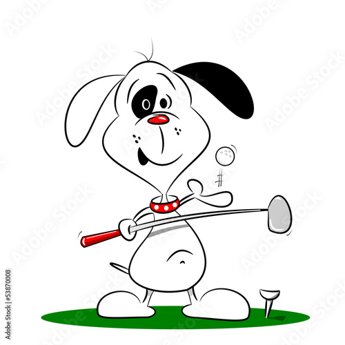 A cartoon dog playing golf on a white background